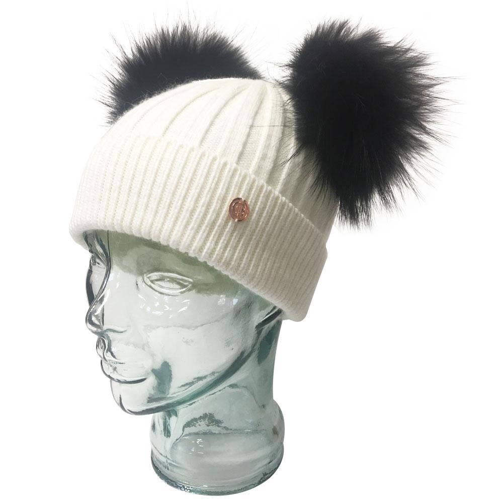 White Cashmere Double Pom Pom Beanie Hat