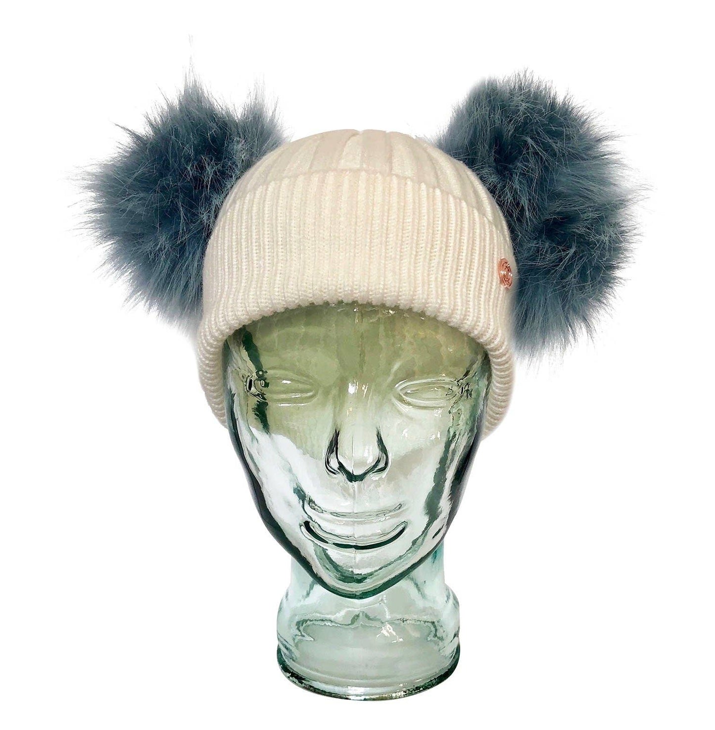 Icy White and Blue Cashmere Double Pom Pom Beanie Hat