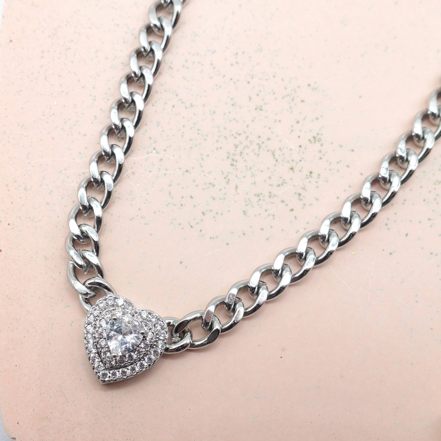 JASMINE ~ STAINLESS STEEL- Heart Shaped Cubic Zirconia chain choker necklace