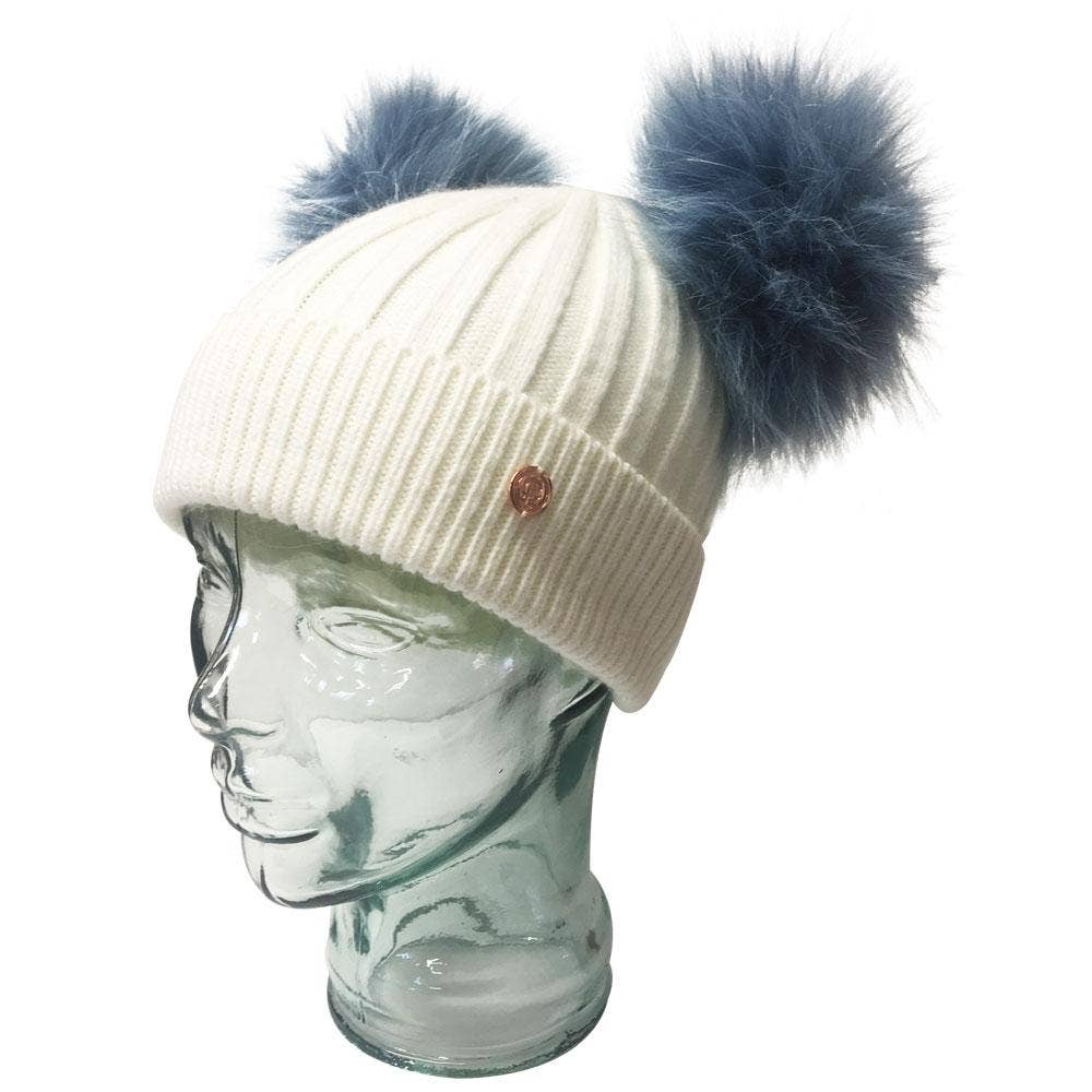 White Cashmere Double Pom Pom Beanie Hat