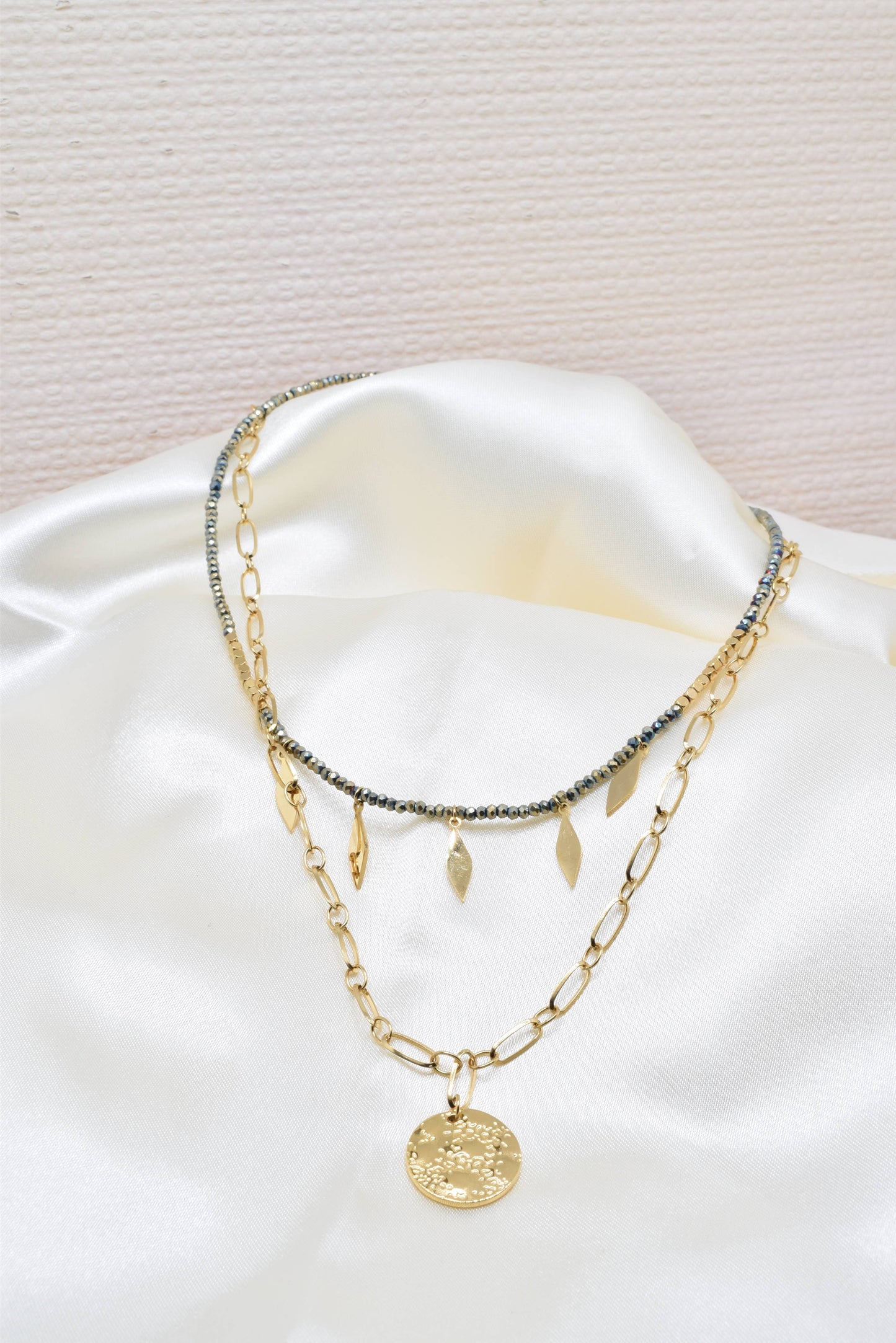 Two row gold steel necklace with crystals -