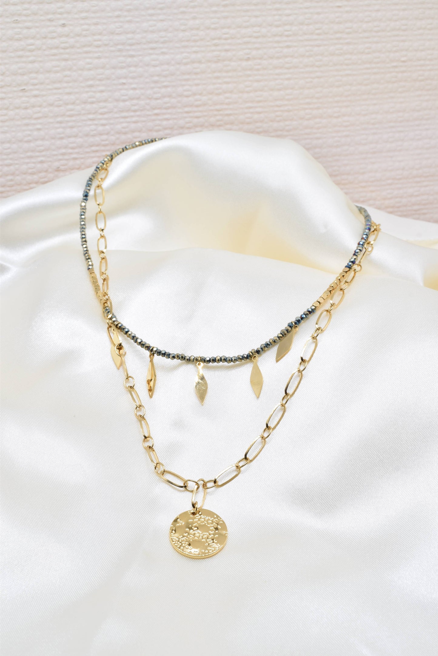 Two row gold steel necklace with crystals -