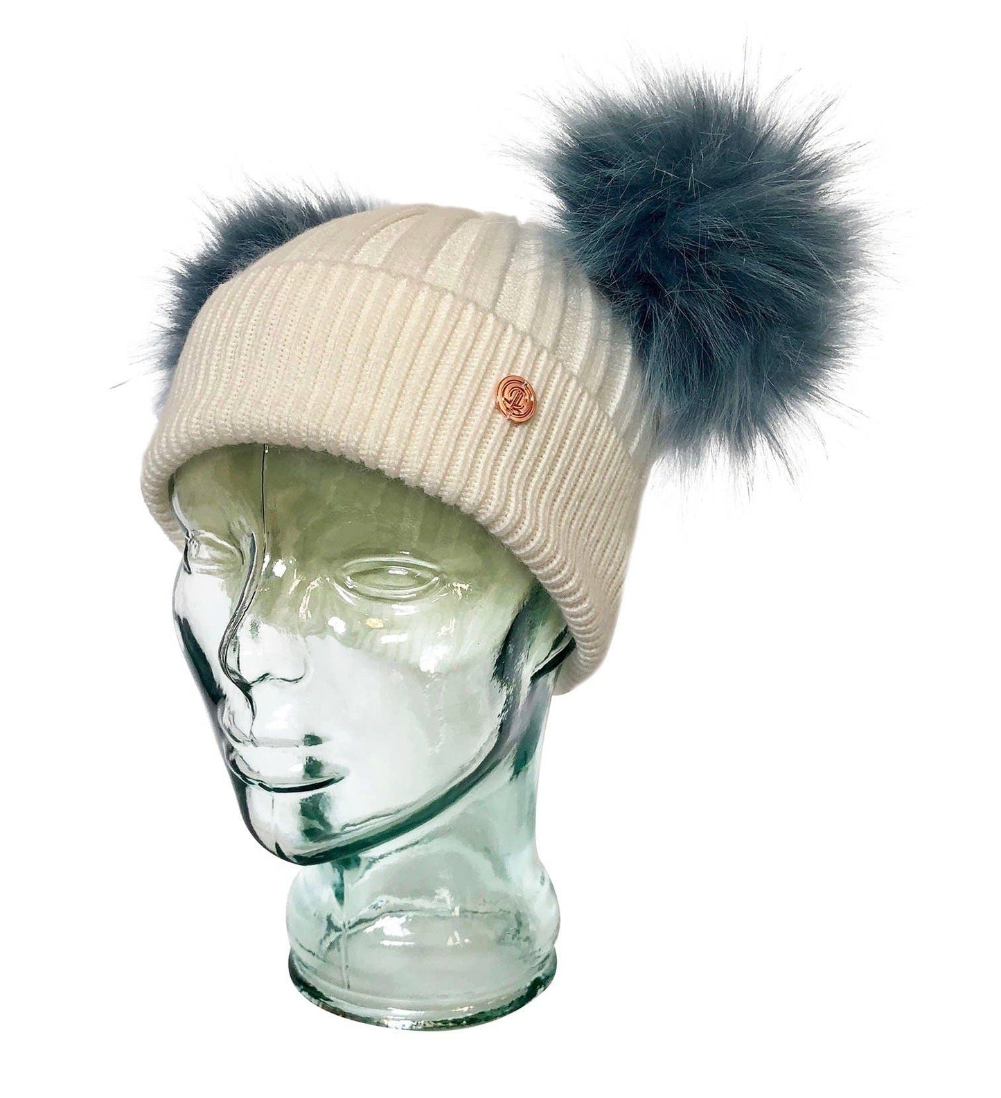Icy White and Blue Cashmere Double Pom Pom Beanie Hat