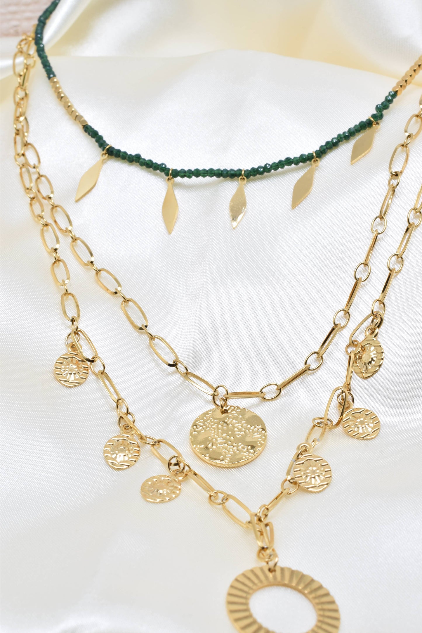 Three row gold steel necklace with crystals -
