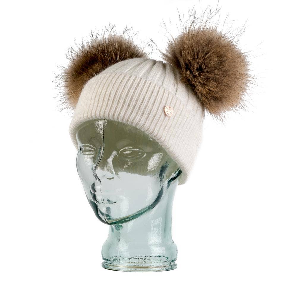 White Cashmere Double Pom Pom Beanie Hat