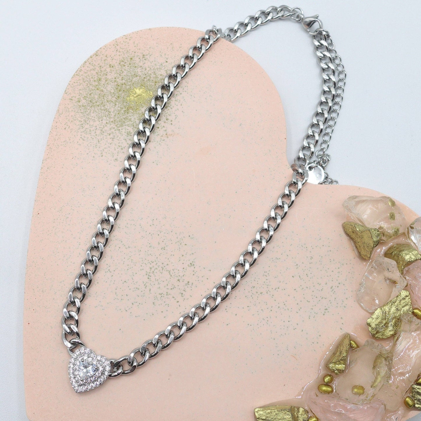 JASMINE ~ STAINLESS STEEL- Heart Shaped Cubic Zirconia chain choker necklace