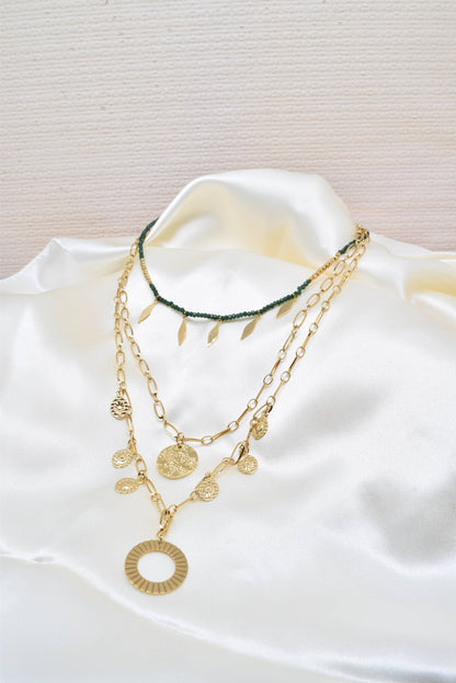 Three row gold steel necklace with crystals -