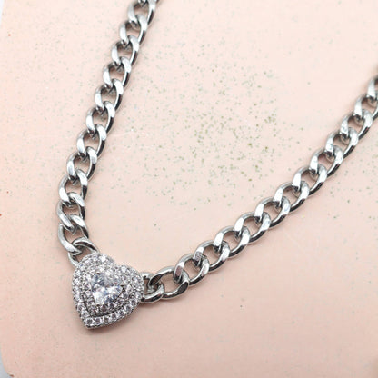 JASMINE ~ STAINLESS STEEL- Heart Shaped Cubic Zirconia chain choker necklace