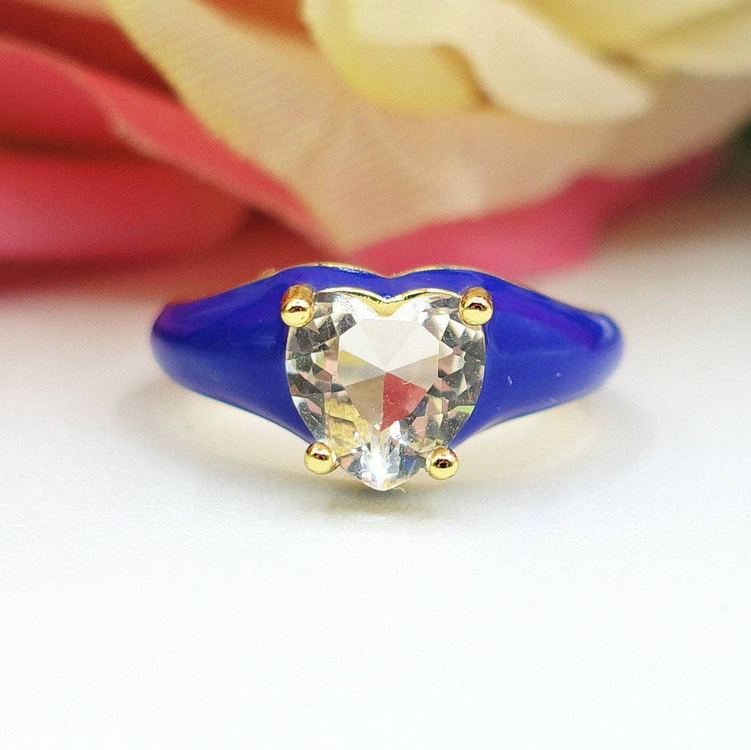 ISABELLE FLUO SMALL ~ Beautiful Enameled Heart Ring with Cubic Zirconia - Adjustable