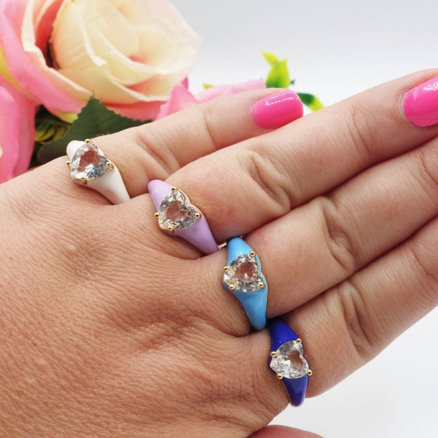ISABELLE FLUO SMALL ~ Beautiful Enameled Heart Ring with Cubic Zirconia - Adjustable