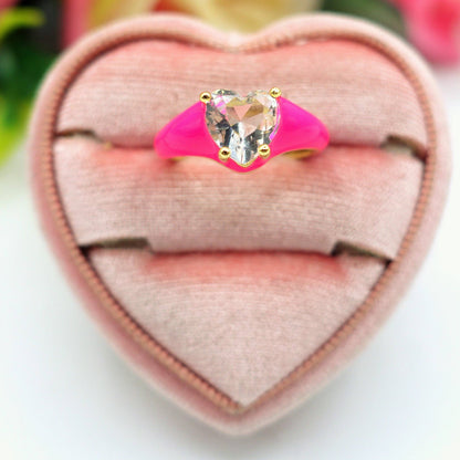 ISABELLE FLUO SMALL ~ Beautiful Enameled Heart Ring with Cubic Zirconia - Adjustable