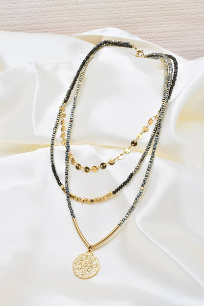 Three row steel necklace with crystals - -