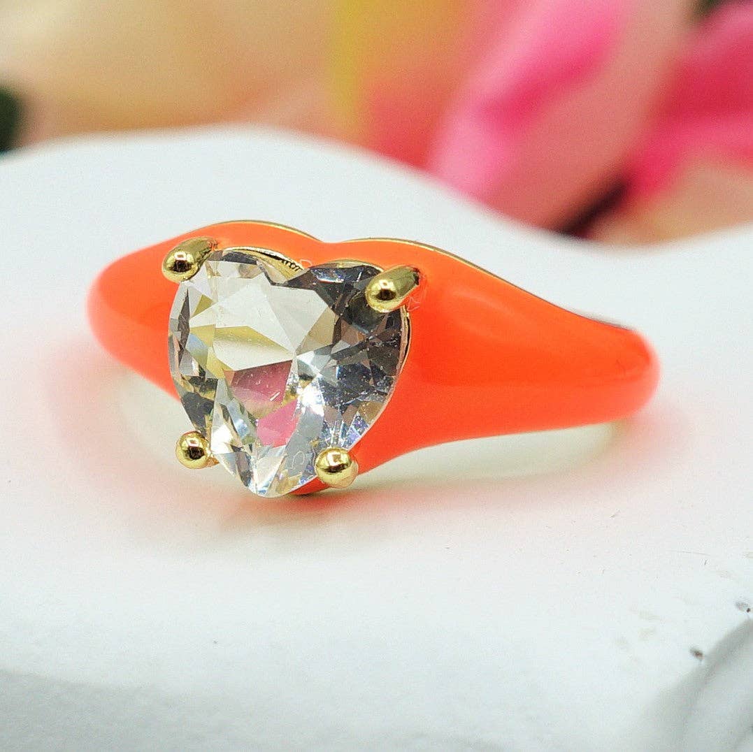 ISABELLE FLUO SMALL ~ Beautiful Enameled Heart Ring with Cubic Zirconia - Adjustable