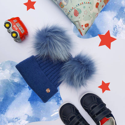 Denim Blue Cashmere Double Pom Pom Beanie Hat