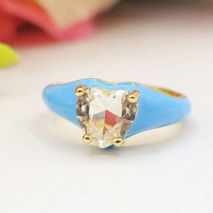 ISABELLE FLUO SMALL ~ Beautiful Enameled Heart Ring with Cubic Zirconia - Adjustable