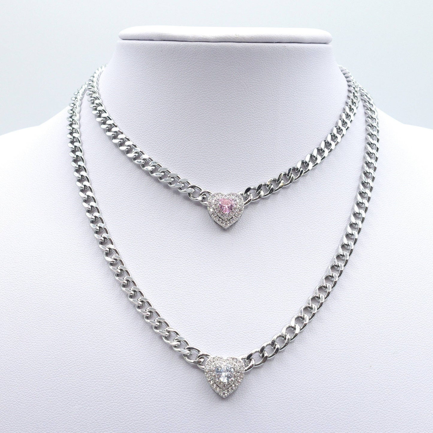JASMINE ~ STAINLESS STEEL- Heart Shaped Cubic Zirconia chain choker necklace