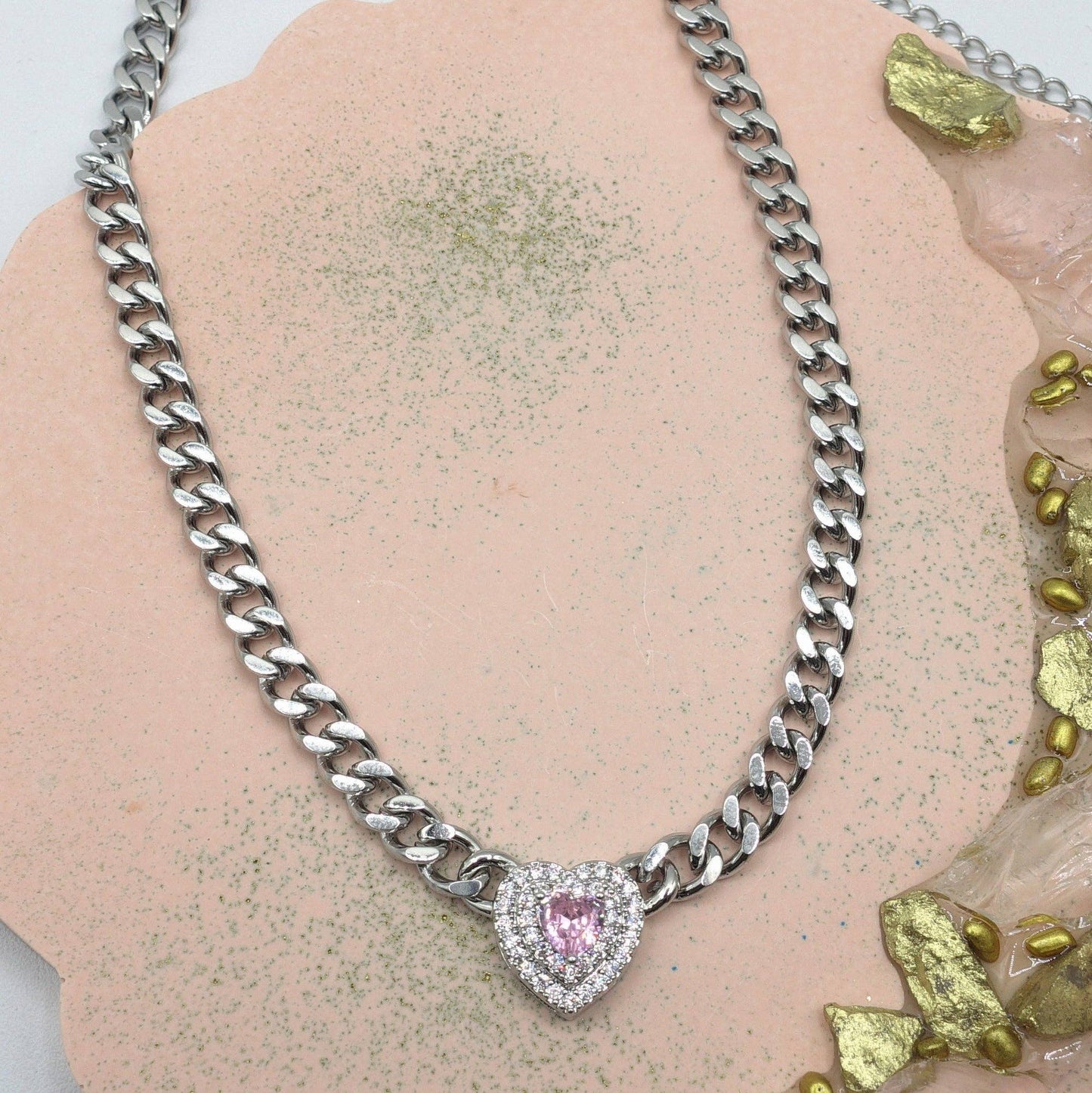 JASMINE ~ STAINLESS STEEL- Heart Shaped Cubic Zirconia chain choker necklace