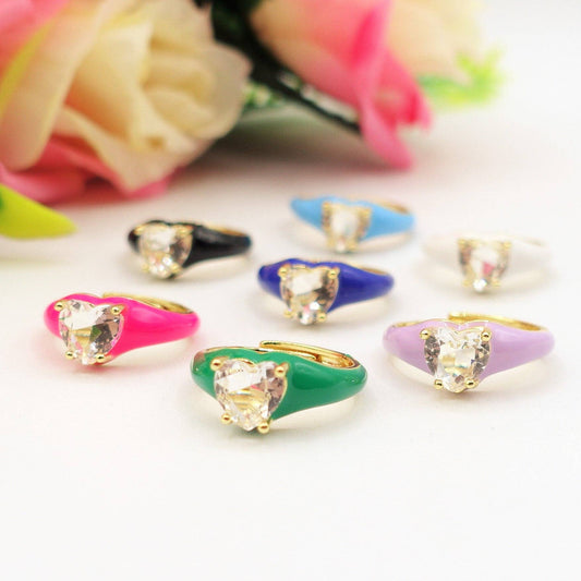 ISABELLE FLUO SMALL ~ Beautiful Enameled Heart Ring with Cubic Zirconia - Adjustable
