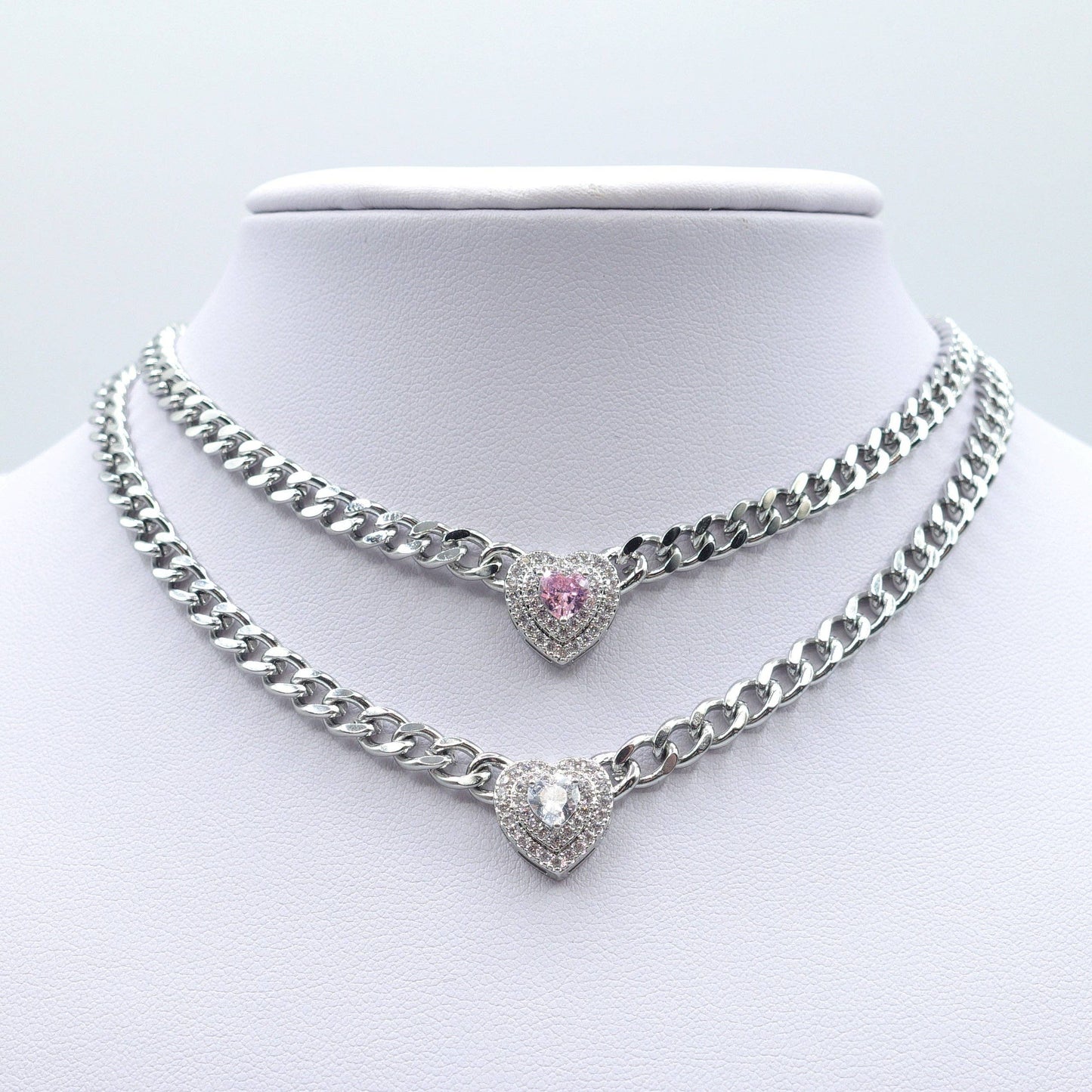 JASMINE ~ STAINLESS STEEL- Heart Shaped Cubic Zirconia chain choker necklace