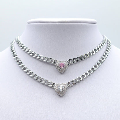 JASMINE ~ STAINLESS STEEL- Heart Shaped Cubic Zirconia chain choker necklace