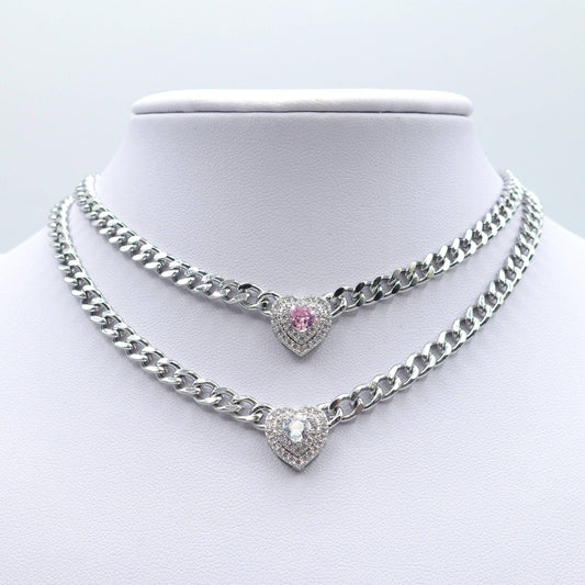 JASMINE ~ STAINLESS STEEL- Heart Shaped Cubic Zirconia chain choker necklace