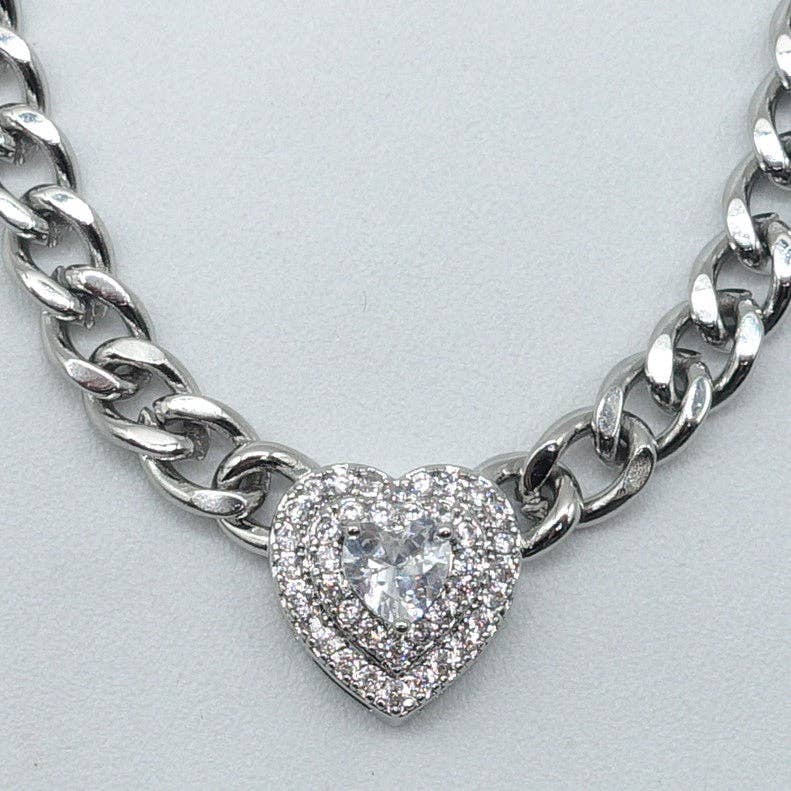 JASMINE ~ STAINLESS STEEL- Heart Shaped Cubic Zirconia chain choker necklace