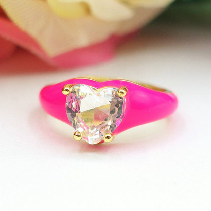 ISABELLE FLUO SMALL ~ Beautiful Enameled Heart Ring with Cubic Zirconia - Adjustable