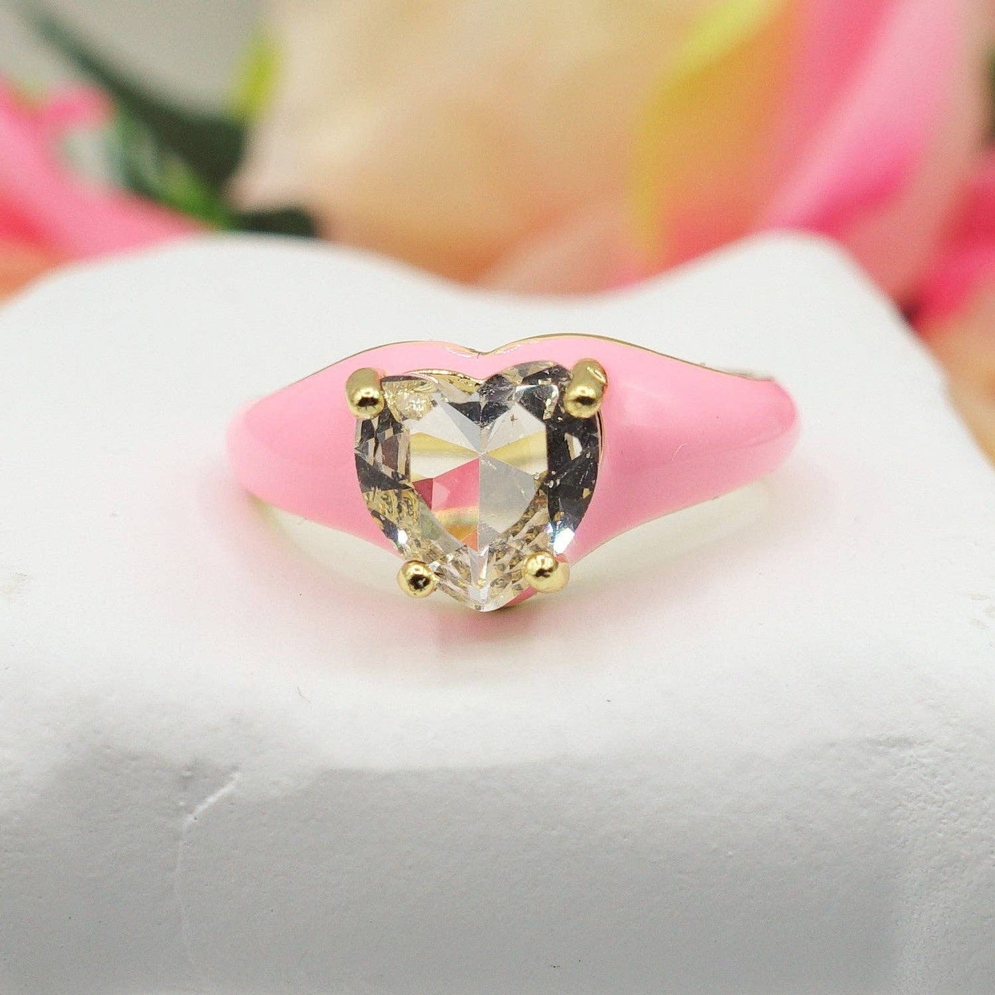 ISABELLE FLUO SMALL ~ Beautiful Enameled Heart Ring with Cubic Zirconia - Adjustable