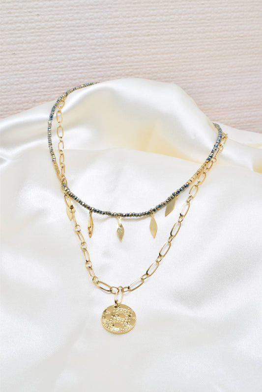 Two row gold steel necklace with crystals -