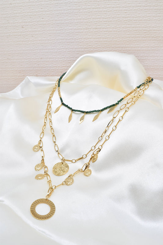 Three row gold steel necklace with crystals -