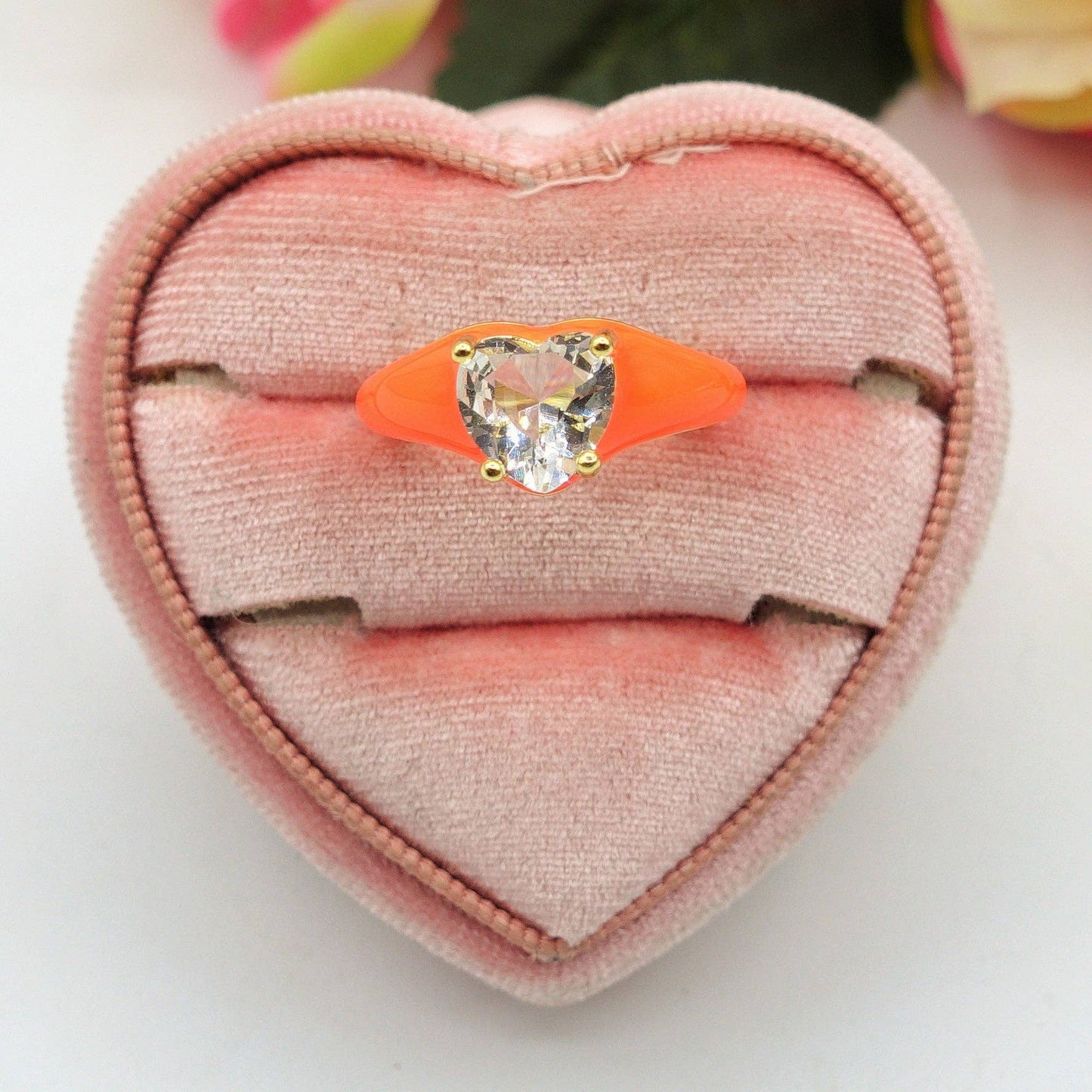 ISABELLE FLUO SMALL ~ Beautiful Enameled Heart Ring with Cubic Zirconia - Adjustable