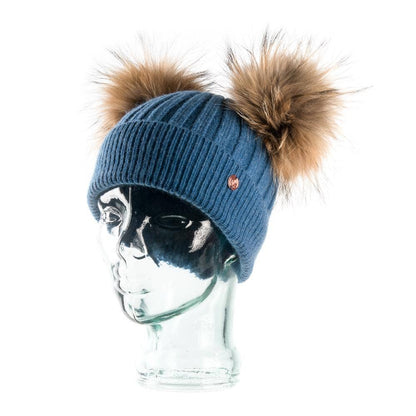 Denim Blue Cashmere Double Pom Pom Beanie Hat