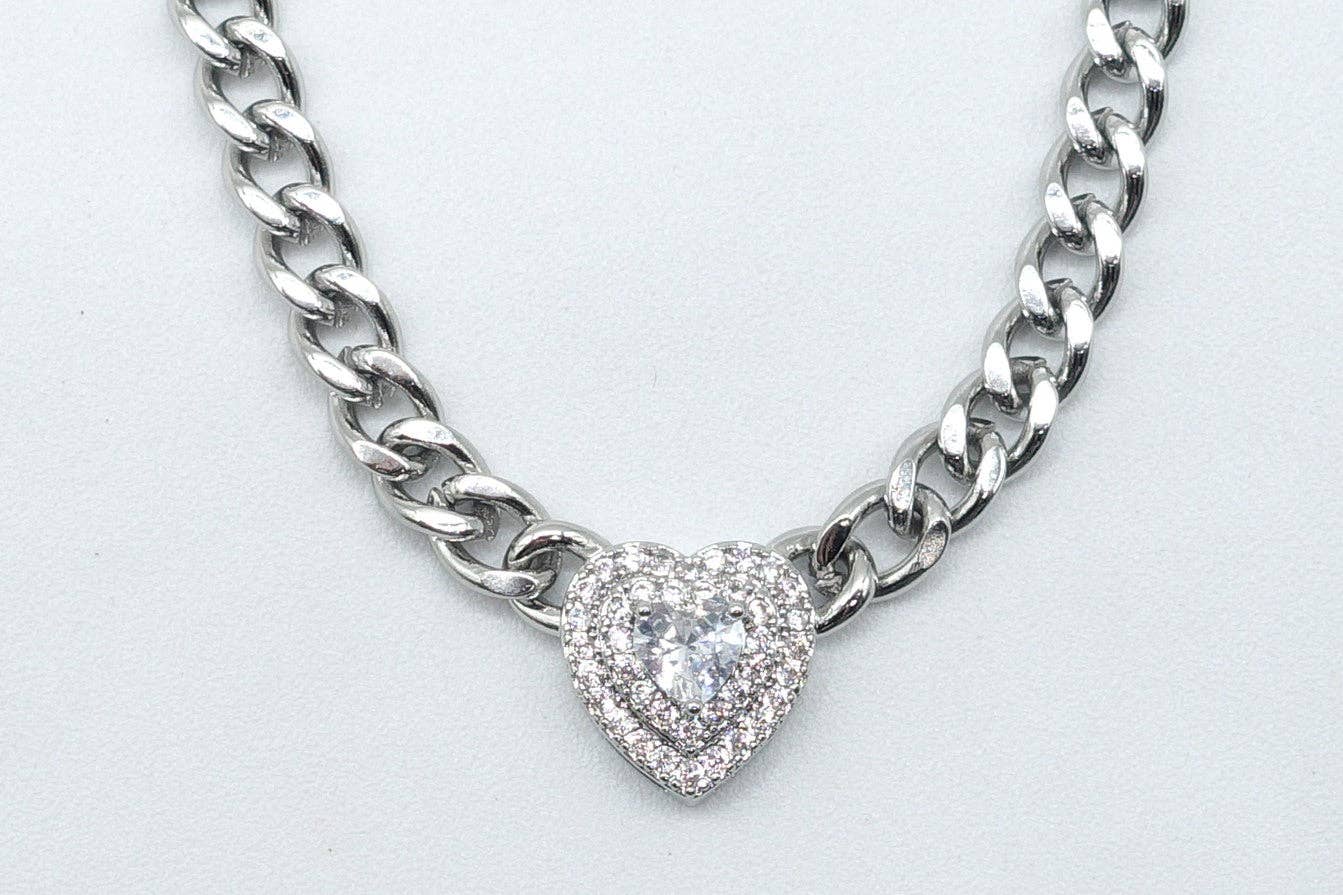JASMINE ~ STAINLESS STEEL- Heart Shaped Cubic Zirconia chain choker necklace
