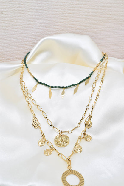 Three row gold steel necklace with crystals -